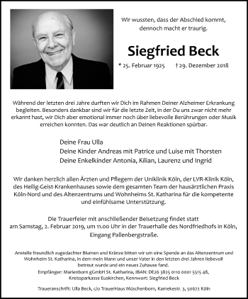 Anzeige von Siegfried Beck von Kölner Stadt-Anzeiger / Kölnische Rundschau / Express