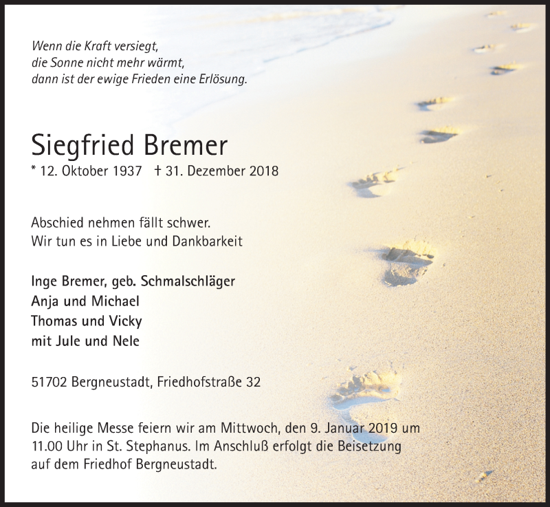  Traueranzeige für Siegfried Bremer vom 05.01.2019 aus Kölner Stadt-Anzeiger / Kölnische Rundschau / Express