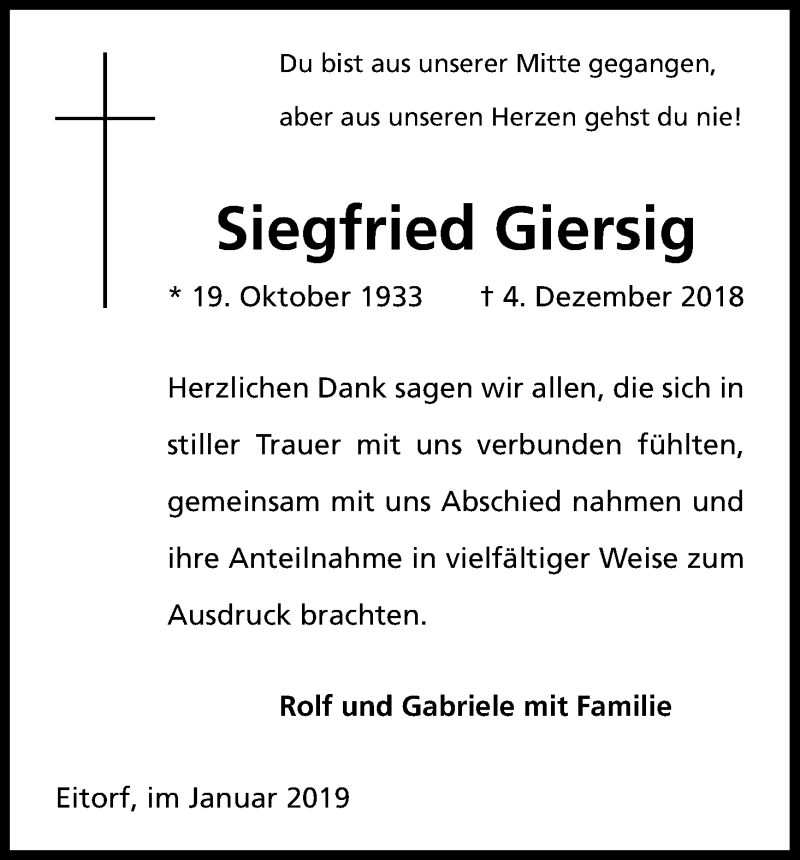  Traueranzeige für Siegfried Giersig vom 12.01.2019 aus Kölner Stadt-Anzeiger / Kölnische Rundschau / Express