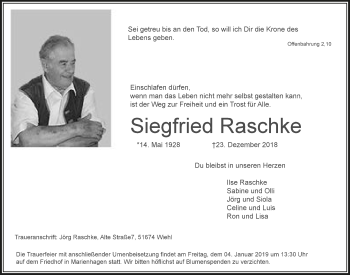 Anzeige von Siegfried Raschke von  Anzeigen Echo 