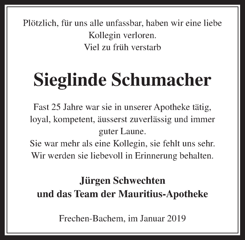  Traueranzeige für Sieglinde Schumacher vom 23.01.2019 aus  Wochenende 