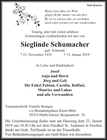 Anzeige von Sieglinde Schumacher von  Wochenende 