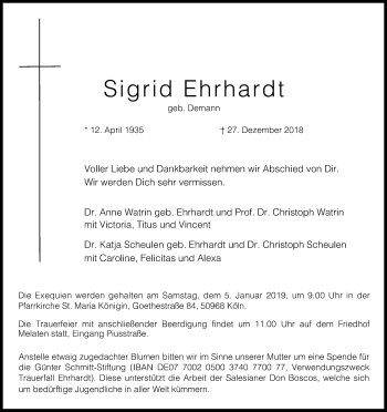 Anzeige von Sigrid Ehrhardt von Kölner Stadt-Anzeiger / Kölnische Rundschau / Express