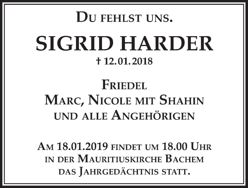  Traueranzeige für Sigrid Harder vom 12.01.2019 aus  Sonntags-Post 