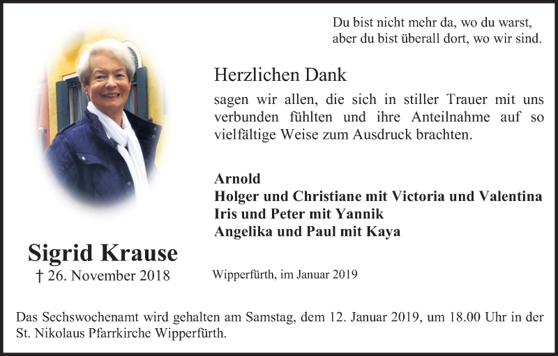  Traueranzeige für Sigrid Krause vom 05.01.2019 aus Kölner Stadt-Anzeiger / Kölnische Rundschau / Express