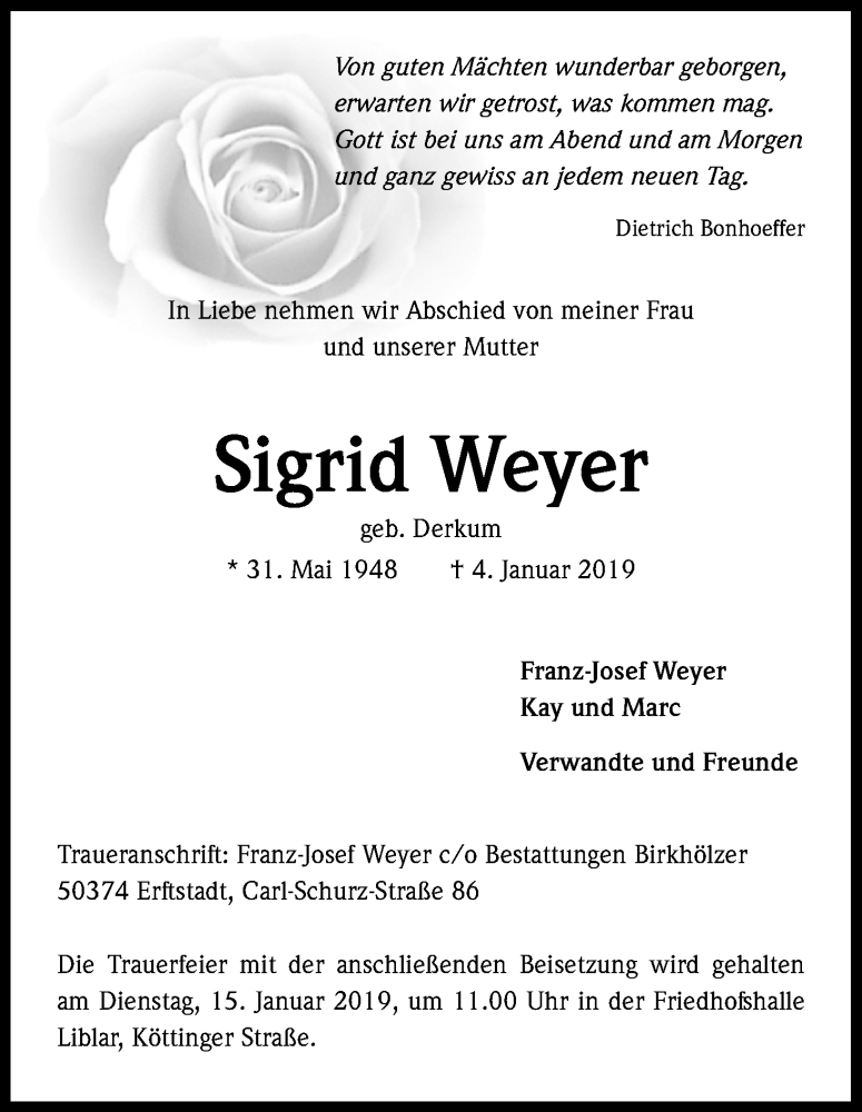  Traueranzeige für Sigrid Weyer vom 12.01.2019 aus Kölner Stadt-Anzeiger / Kölnische Rundschau / Express