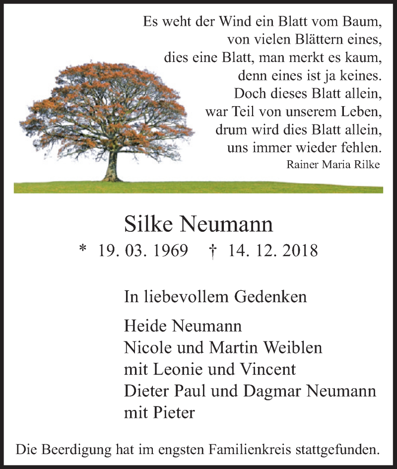  Traueranzeige für Silke Neumann vom 05.01.2019 aus Kölner Stadt-Anzeiger / Kölnische Rundschau / Express