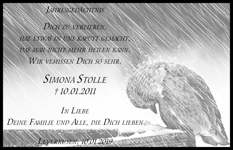  Traueranzeige für Simona Stolle vom 10.01.2019 aus Kölner Stadt-Anzeiger / Kölnische Rundschau / Express