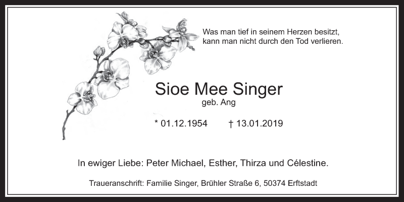  Traueranzeige für Sioe Mee Singer vom 30.01.2019 aus  Werbepost 