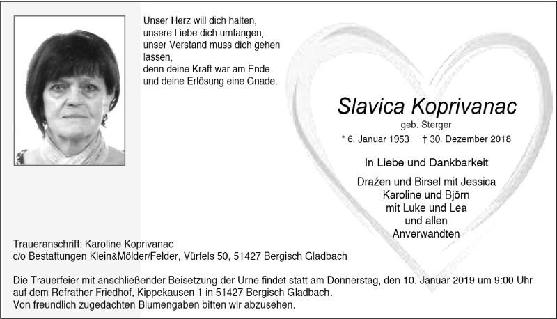  Traueranzeige für Slavica Koprivanac vom 09.01.2019 aus  Bergisches Handelsblatt 