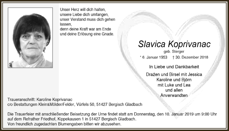  Traueranzeige für Slavica Koprivanac vom 05.01.2019 aus  Bergisches Sonntagsblatt 