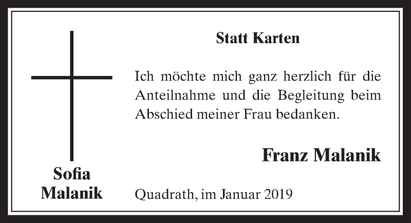  Traueranzeige für Sofia Malanik vom 23.01.2019 aus  Werbepost 