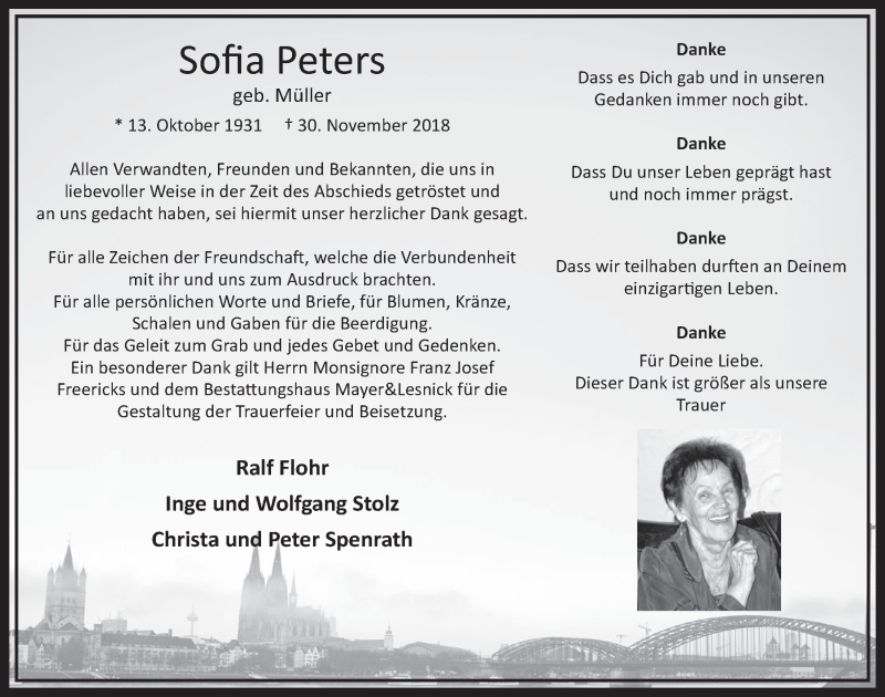  Traueranzeige für Sofia Peters vom 26.01.2019 aus  Sonntags-Post 