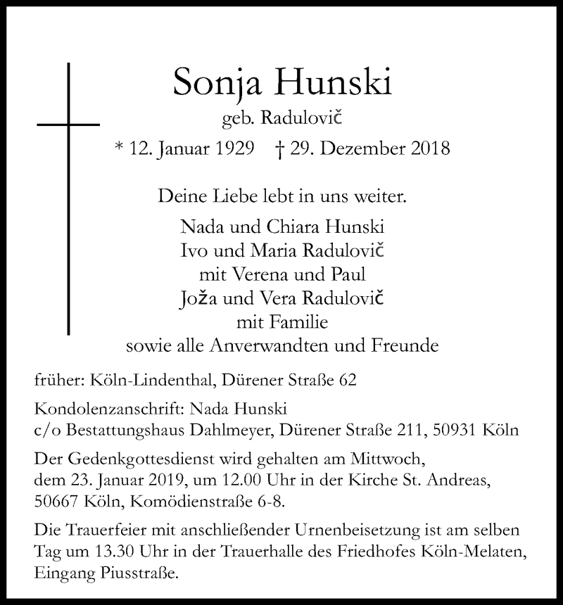  Traueranzeige für Sonja Hunski vom 12.01.2019 aus Kölner Stadt-Anzeiger / Kölnische Rundschau / Express
