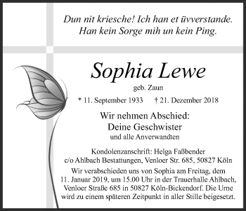 Anzeige von Sophia Lewe von Kölner Stadt-Anzeiger / Kölnische Rundschau / Express
