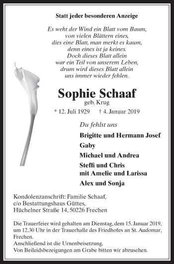 Anzeige von Sophie Schaaf von  Wochenende 