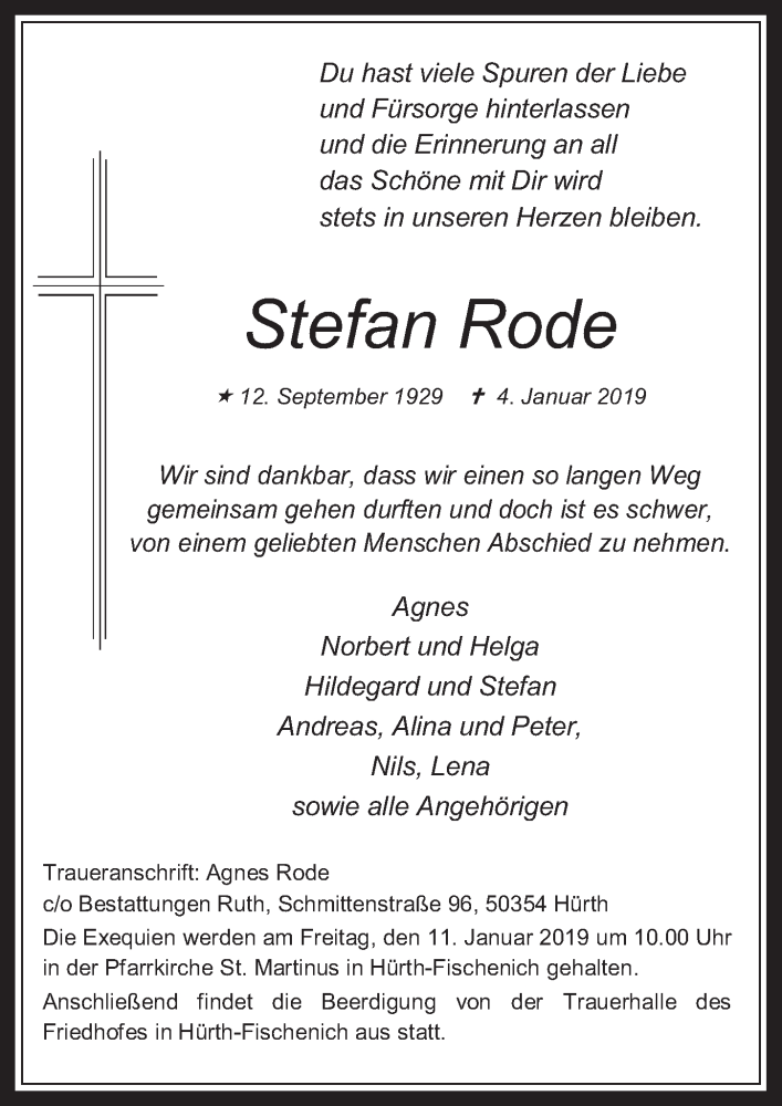  Traueranzeige für Stefan Rode vom 09.01.2019 aus  Wochenende 