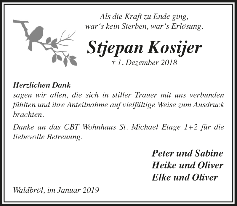  Traueranzeige für Stjepan Kosijer vom 16.01.2019 aus  Lokalanzeiger 