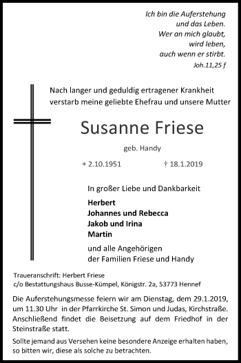 Anzeige von Susanne Friese von Kölner Stadt-Anzeiger / Kölnische Rundschau / Express