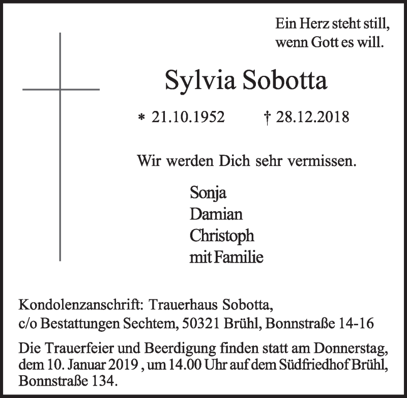  Traueranzeige für Sylvia Sobotta vom 09.01.2019 aus  Schlossbote/Werbekurier 