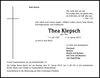 Anzeige von Thea Klepsch von Kölner Stadt-Anzeiger / Kölnische Rundschau / Express