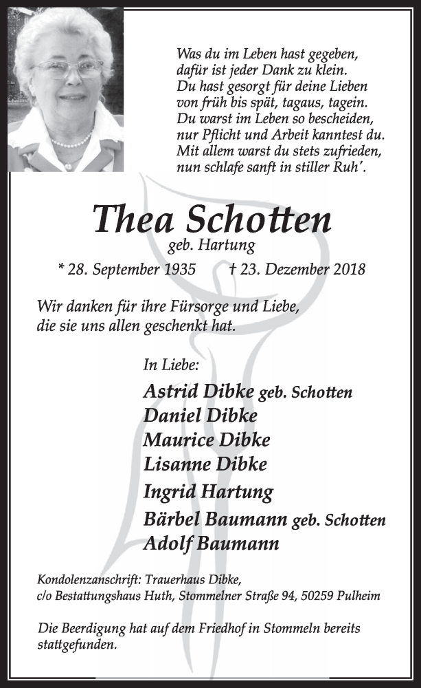  Traueranzeige für Thea Schotten vom 05.01.2019 aus  Sonntags-Post 