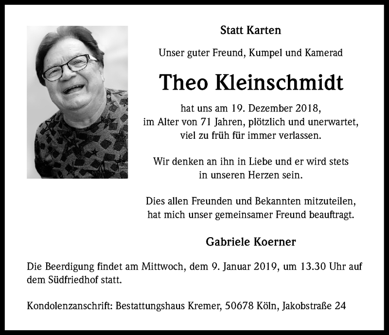  Traueranzeige für Theo Kleinschmidt vom 05.01.2019 aus Kölner Stadt-Anzeiger / Kölnische Rundschau / Express