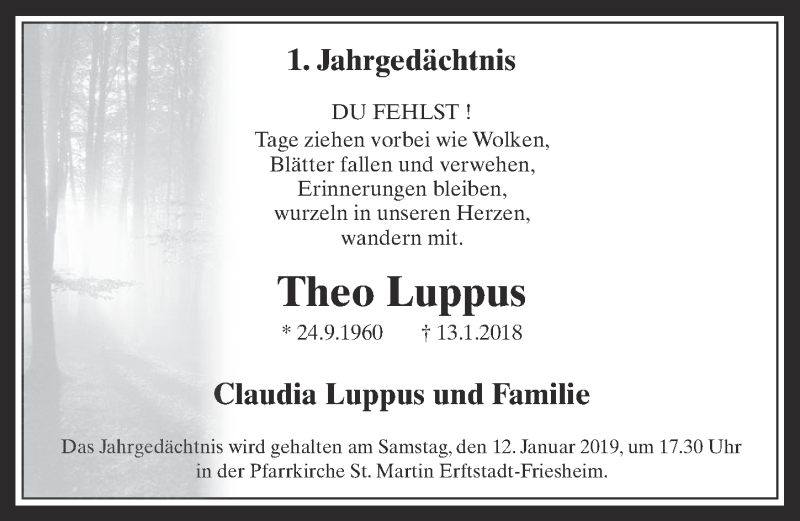  Traueranzeige für Theo Luppus vom 02.01.2019 aus  Werbepost 