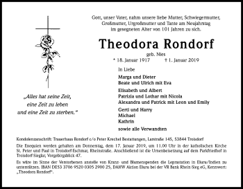 Anzeige von Theodora Rondorf von Kölner Stadt-Anzeiger / Kölnische Rundschau / Express