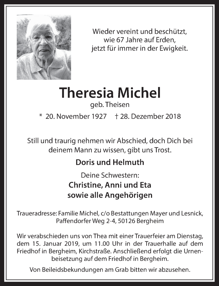  Traueranzeige für Theresia Michel vom 09.01.2019 aus  Werbepost 