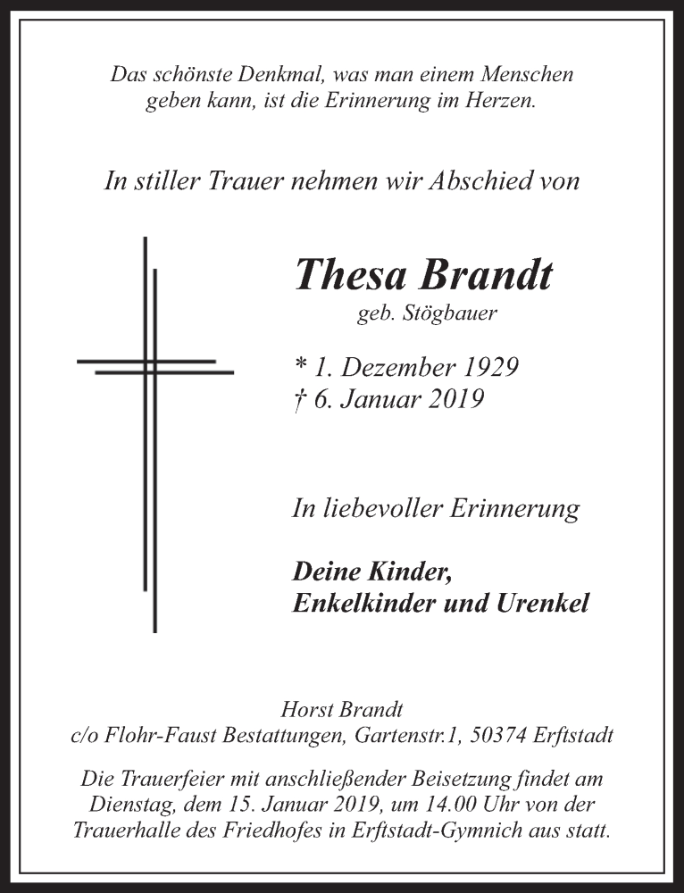  Traueranzeige für Thesa Brandt vom 09.01.2019 aus  Werbepost 
