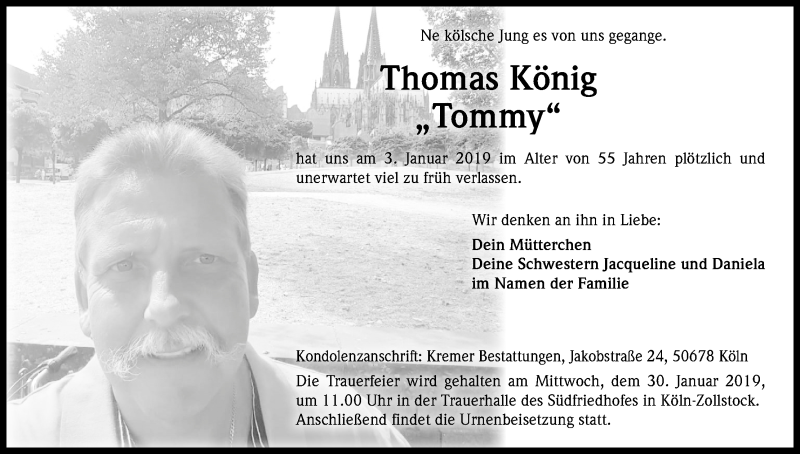  Traueranzeige für Thomas König vom 26.01.2019 aus Kölner Stadt-Anzeiger / Kölnische Rundschau / Express