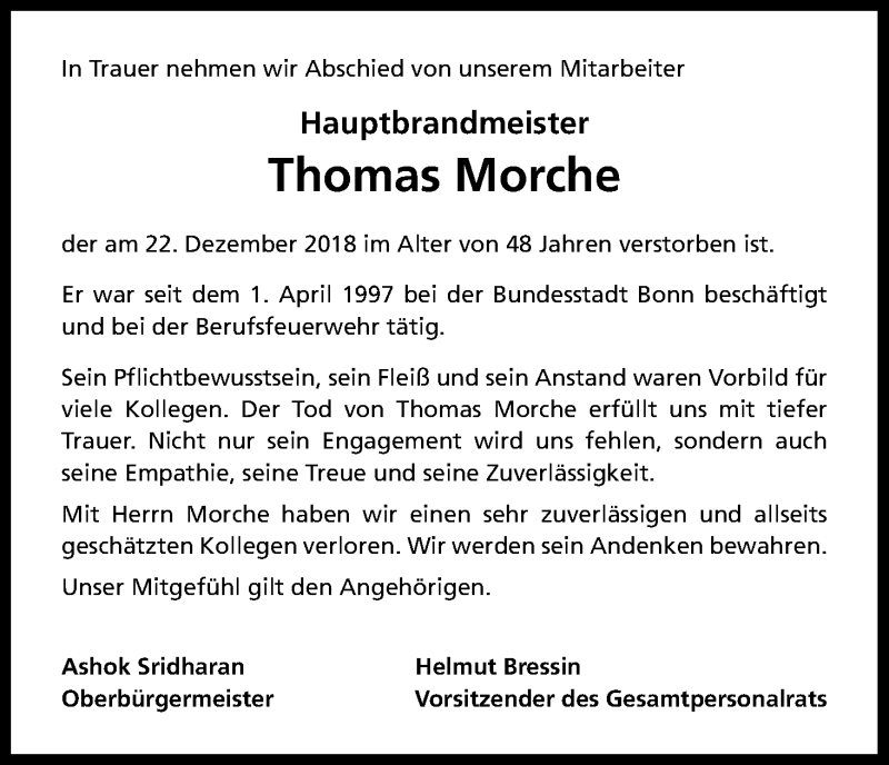  Traueranzeige für Thomas Morche vom 05.01.2019 aus Kölner Stadt-Anzeiger / Kölnische Rundschau / Express