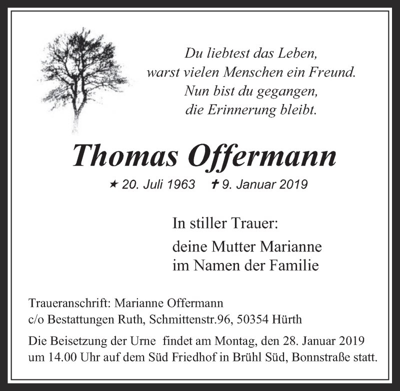 Traueranzeige für Thomas Offermann vom 23.01.2019 aus  Wochenende  Schlossbote/Werbekurier 