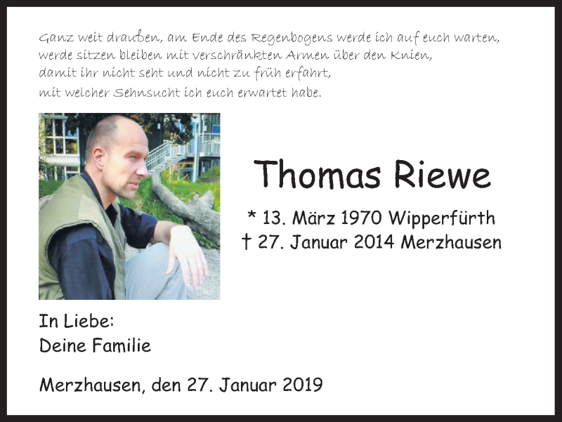  Traueranzeige für Thomas Riewe vom 26.01.2019 aus Kölner Stadt-Anzeiger / Kölnische Rundschau / Express