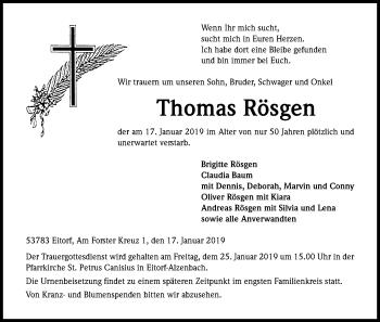 Anzeige von Thomas Rösgen von Kölner Stadt-Anzeiger / Kölnische Rundschau / Express