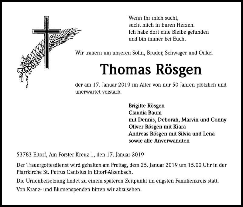 Traueranzeige für Thomas Rösgen vom 23.01.2019 aus Kölner Stadt-Anzeiger / Kölnische Rundschau / Express