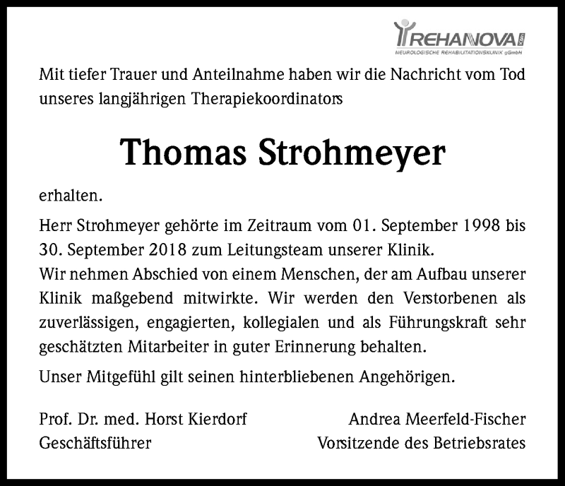  Traueranzeige für Thomas Strohmeyer vom 26.01.2019 aus Kölner Stadt-Anzeiger / Kölnische Rundschau / Express