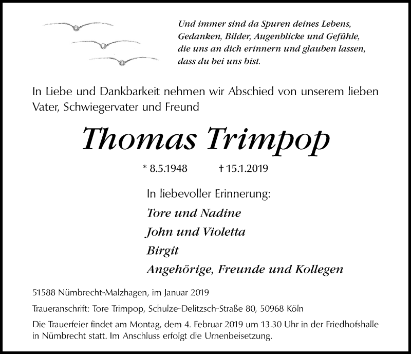  Traueranzeige für Thomas Trimpop vom 23.01.2019 aus  Lokalanzeiger 