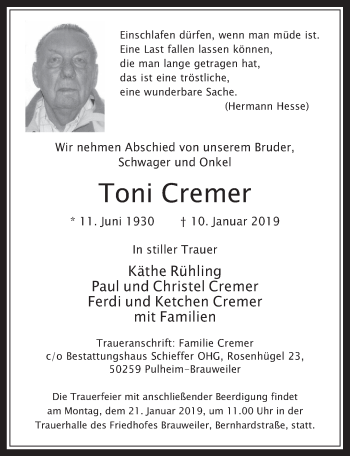 Anzeige von Toni Cremer von  Wochenende 