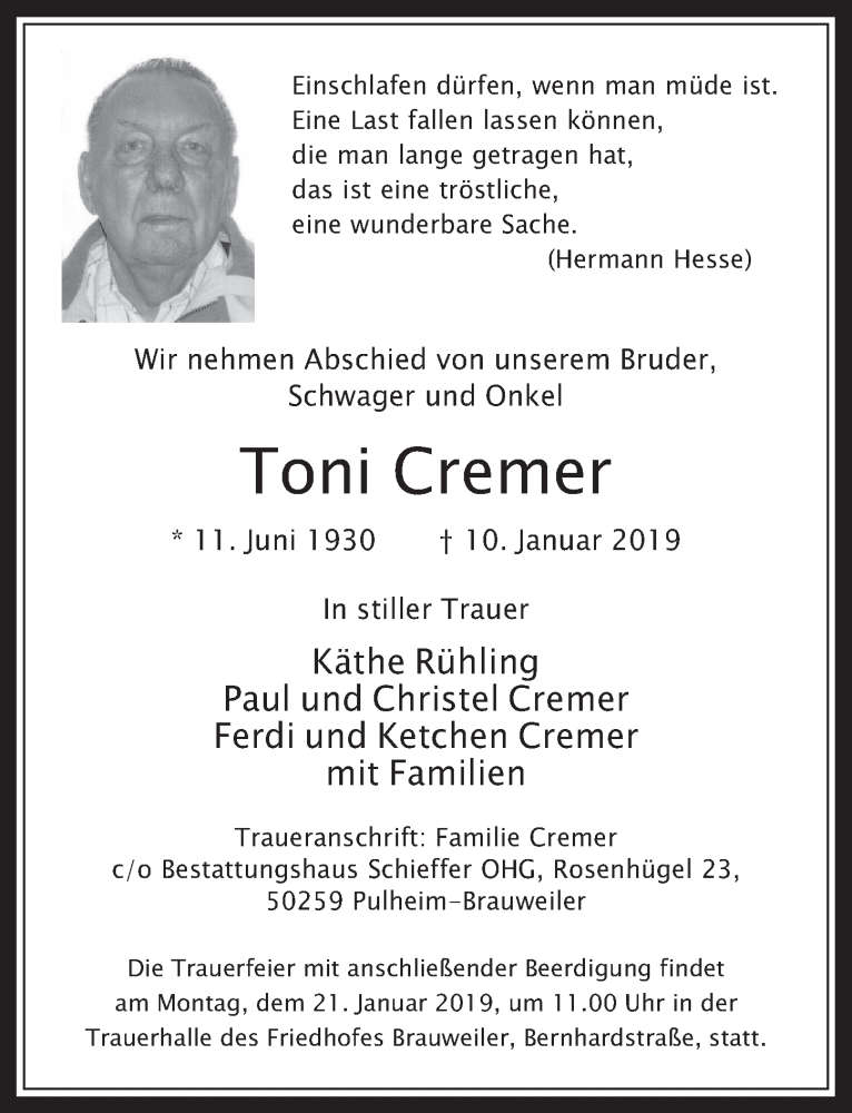  Traueranzeige für Toni Cremer vom 16.01.2019 aus  Wochenende 