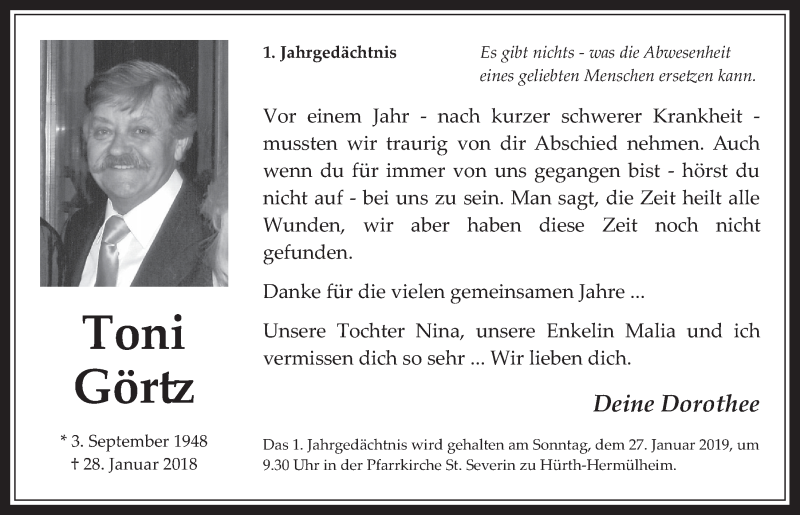  Traueranzeige für Toni Görtz vom 23.01.2019 aus  Wochenende 