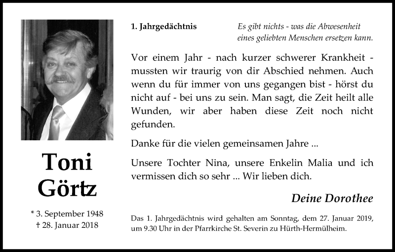  Traueranzeige für Toni Görtz vom 26.01.2019 aus Kölner Stadt-Anzeiger / Kölnische Rundschau / Express