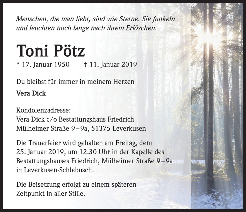  Traueranzeige für Toni Pötz vom 19.01.2019 aus Kölner Stadt-Anzeiger / Kölnische Rundschau / Express