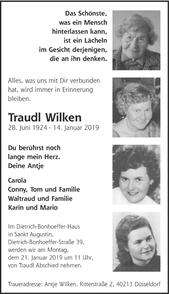  Traueranzeige für Traudl Wilken vom 19.01.2019 aus  Rhein-Sieg-Wochenende 