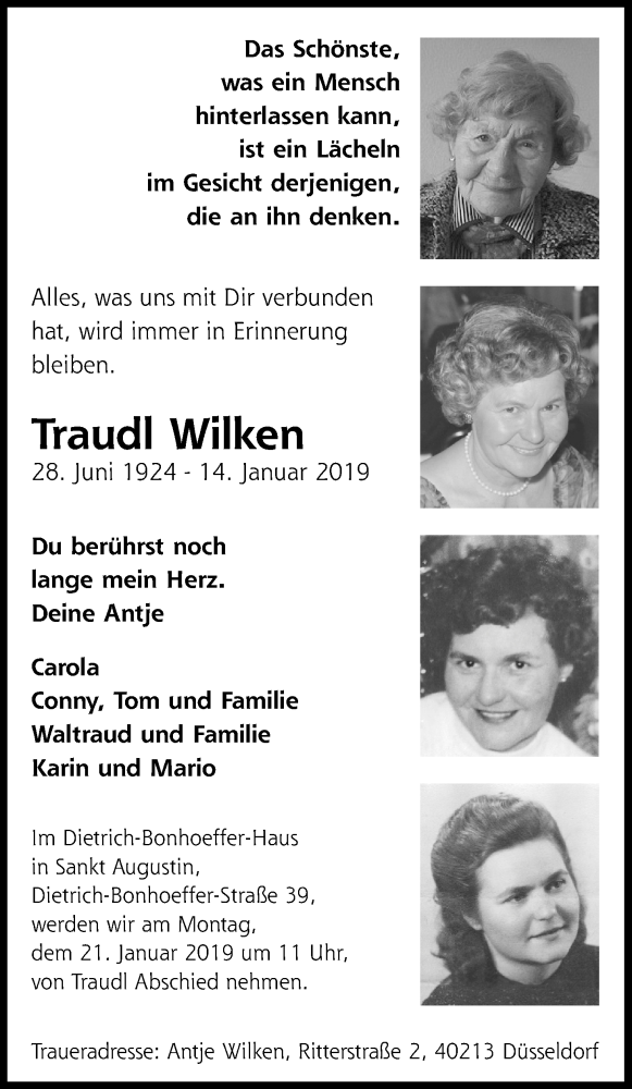  Traueranzeige für Traudl Wilken vom 19.01.2019 aus Kölner Stadt-Anzeiger / Kölnische Rundschau / Express