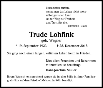 Anzeige von Trude Lohfink von Kölner Stadt-Anzeiger / Kölnische Rundschau / Express