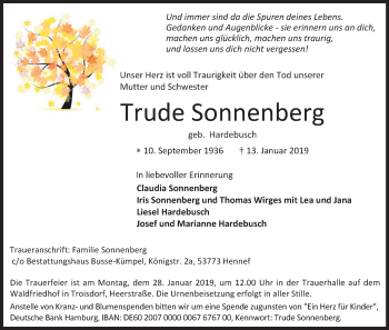 Anzeige von Trude Sonnenberg von Kölner Stadt-Anzeiger / Kölnische Rundschau / Express