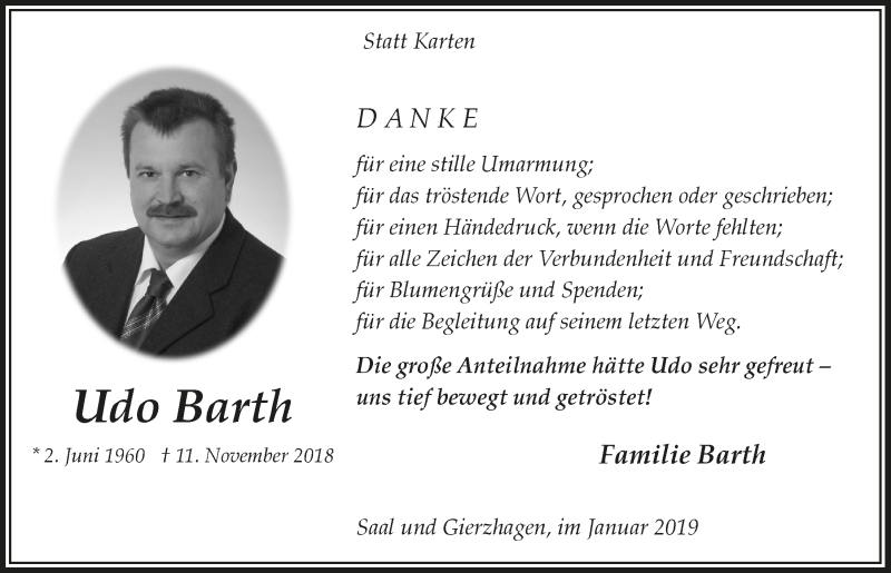  Traueranzeige für Udo Barth vom 16.01.2019 aus  Lokalanzeiger 