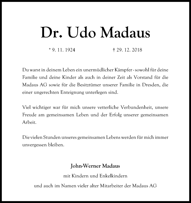  Traueranzeige für Udo Madaus vom 05.01.2019 aus Kölner Stadt-Anzeiger / Kölnische Rundschau / Express